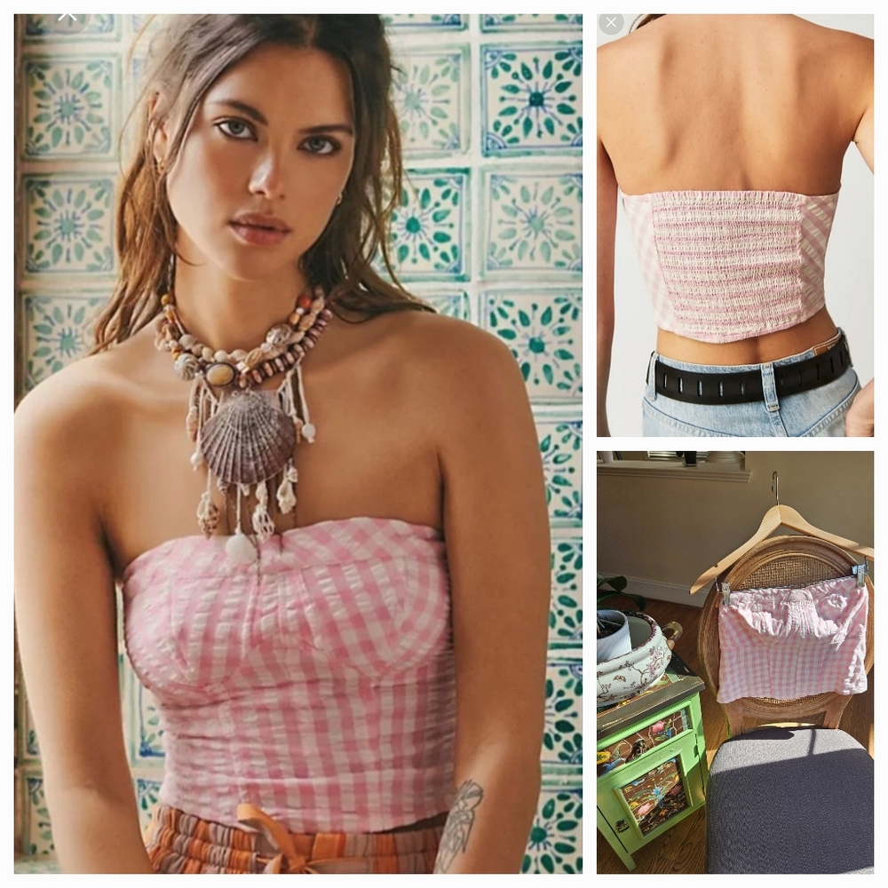 NWOT Free People Pink/White Gingham Bustiet Strapless Top